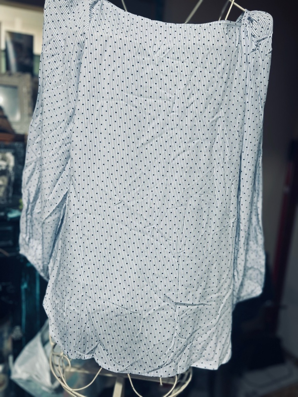 LOFT White Shirt W/Navy Micro-Stripe Button-Down with small blue dot NWT Size L